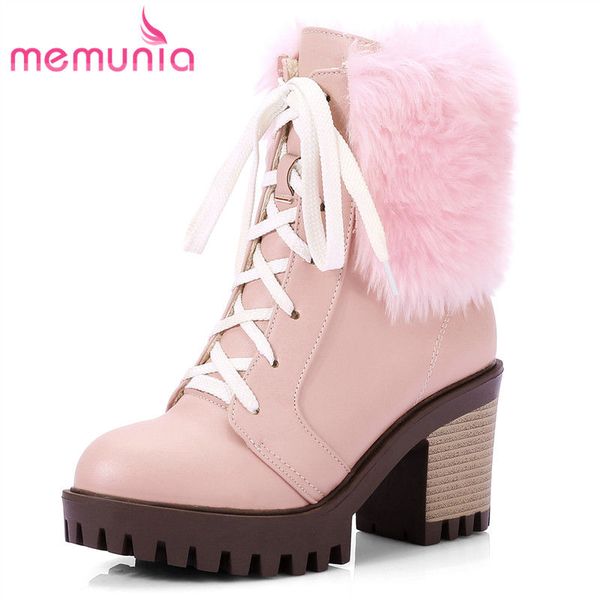 

memunia new arrive 2018 fashion cross tied ankle boots for women autumn winter high heel boots warm short plush size 34-43, Black