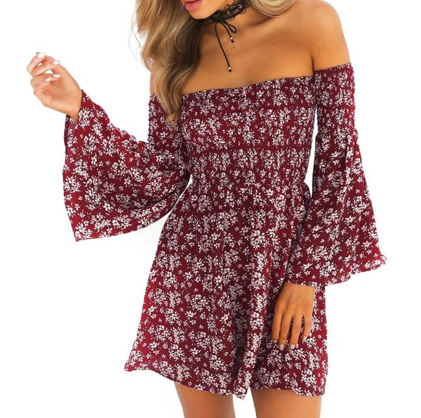 

women shoulder-off dress girls flowers pattern flared sleeves mini dress, Black;gray