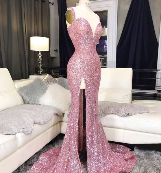 

розовый пром русалка вечерние платья плюс размер split vestidos elegantes, Black