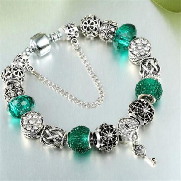 

charm green crystal bracelet designer bracelets key pendant diy bangles alloy beaded bracelet jewelry gifts 3 sizes, Golden;silver
