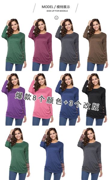 

women autumn round collar with shoulder long sleeve buttons adorns t-shirt, White
