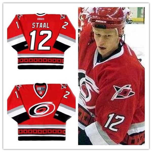 

men's #12 eric staal carolina hurricanes 2002 ccm away vintage ice hockey stitched red jersey size xs-5xl, Black;red