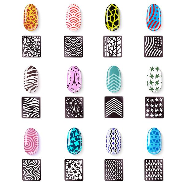 

2018 new 24 type hollow laser nail art sticker stencil set gel polish nail vinyl tip transfer guide template decals sticker, Black