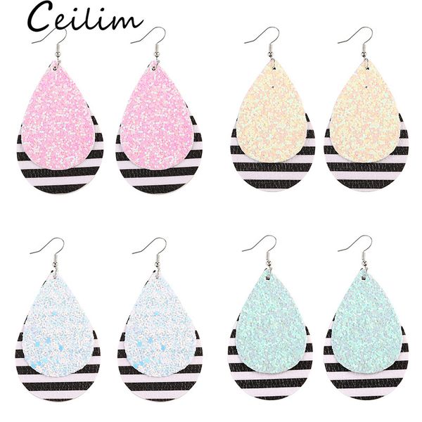 

fashion colorful sequins glitter pu leather earrings for women double layer bling earrings oval waterdrop designer jewelry christmas gift, Golden