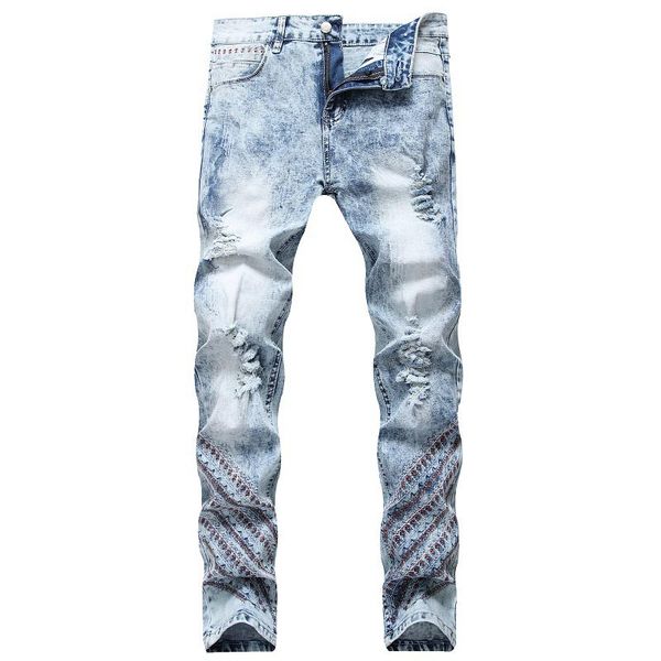 

mcikkny vintage men's ripped holes jean pants fashion straight stretch denim trousers brand designer for male washed, Blue