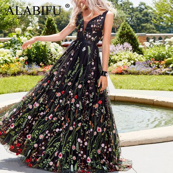 

alabifu 2019 summer dress women elegant luxury deep v neck backless lace embroidery long party dress evening party dresses, Black;gray