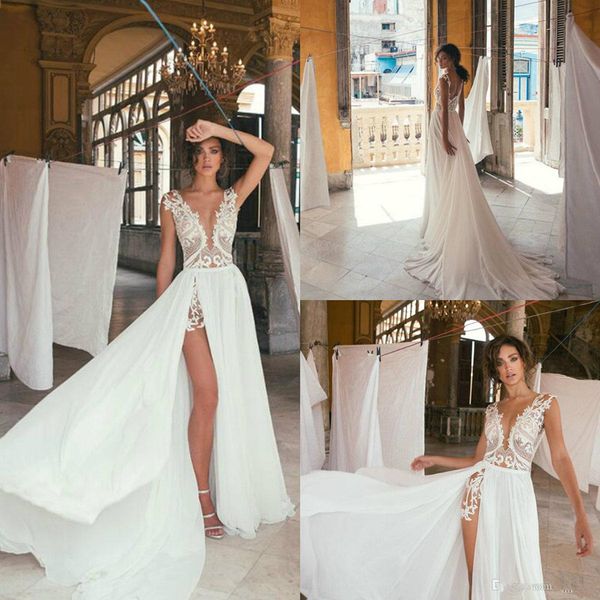 Julie Vino vestidos de casamento Boho Sheer Jewel Neck Side Dividir o chão sem encosto Lace Chiffon Applique Bohemian vestido de noiva Plus Size 4353