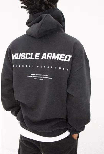 

muscle armed winter thick warm hoodies casual long sleeve sports hooded swearshirts print fleece pullovers 3 colors, Black