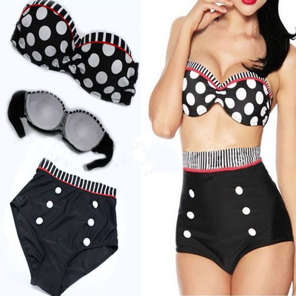 

women dot swimsuit retro swimwear vintage pin up high waist bikini set hanging neck swimwear striped bikinis gga311, Blue