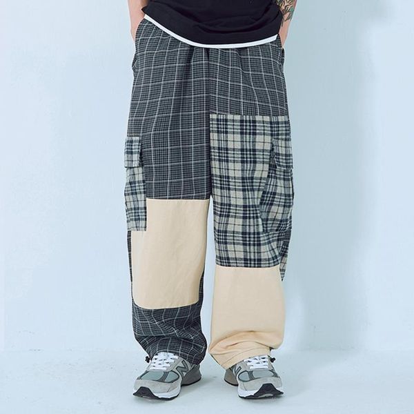

men's checkered casual trousers men colorblock cargo pants contrast panelled lazy baggy wide-leg plaid trousers, Black