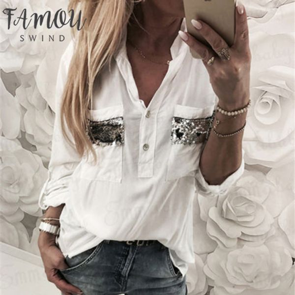 

women lady long sleeve shirt ladies paillette blouse summer fashion loose casual pure solid white
