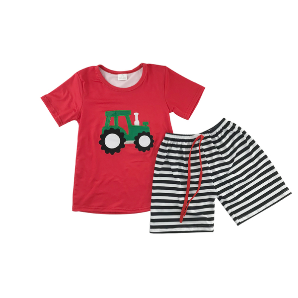

boutique baby kids sets boy raglan tractor embroidery red raglan black white striped shorts toddler boys comfy sets