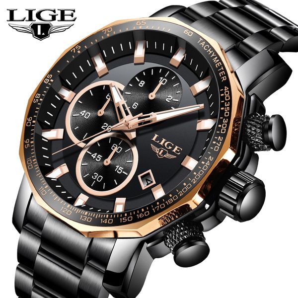 

lige men's watches stainless steel business brand watch waterproof chronograph fashion sports quartz clock men's watch, Slivery;brown