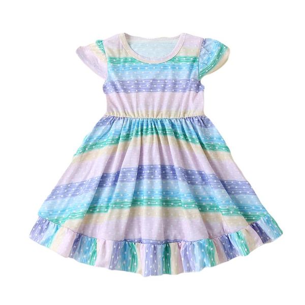 

1-6y princess kid baby girls dress ruffles sleeve rainbow striped polka dot print a-line dress, Red;yellow