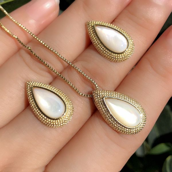 

vintage natural pearl shell jewelry sets gold color copper water drop pendant necklace stud earring women fashion bridal jewelry, Silver