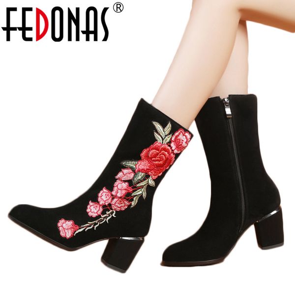 

fedonas 1new women mid-calf boots autumn winter warm cow suede high heels shoes woman round toe zipper embroider quality shoes, Black