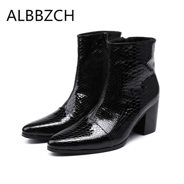 

fashion patchwork embossed patent leather boots shoes men high heels pointed toe zip design cowboy work boots big yards 45 46 47, Black