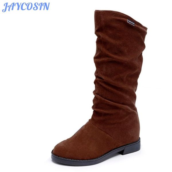 

jaycosin winter boots 2019 fashion women shoes flock mid boots for women flat low heel slip-on shoes zapatos de mujer, Black