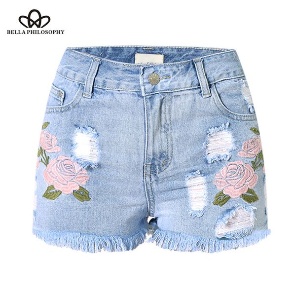 

bella philosophy 2018 ripped pocket flower embroidery women shorts summer casual denim shorts vintage light blue navy, White;black