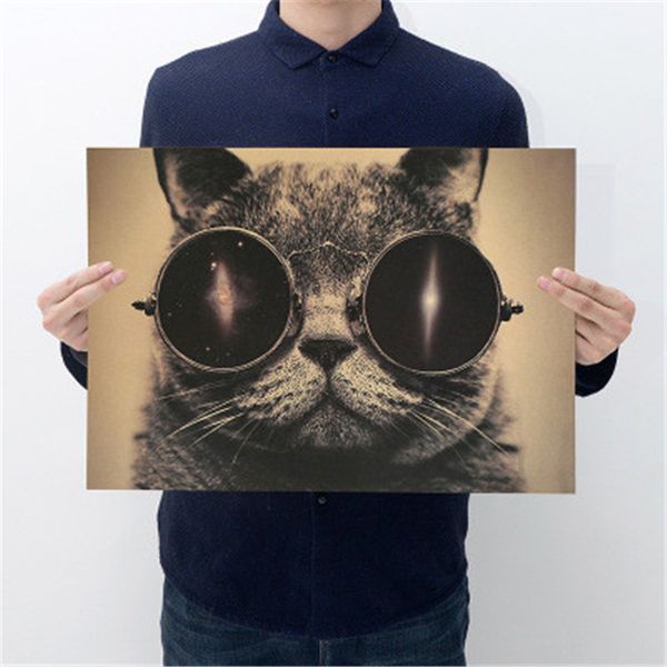 Fantastici occhiali da sole gatto bello Rock Animal Kraft Paper Bar Poster Retro poster pittura decorativa adesivo da parete