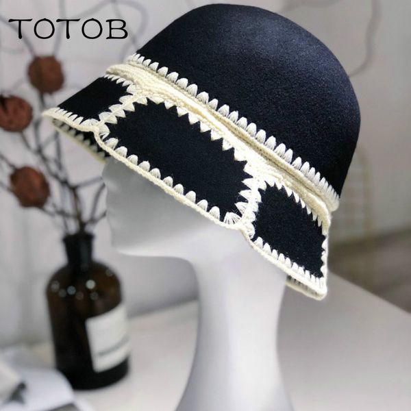 

japanese high-end woolen fisherman hat crochet yarn stitching pure wool hat autumn and winter outdoor lady fisherman, Blue;gray