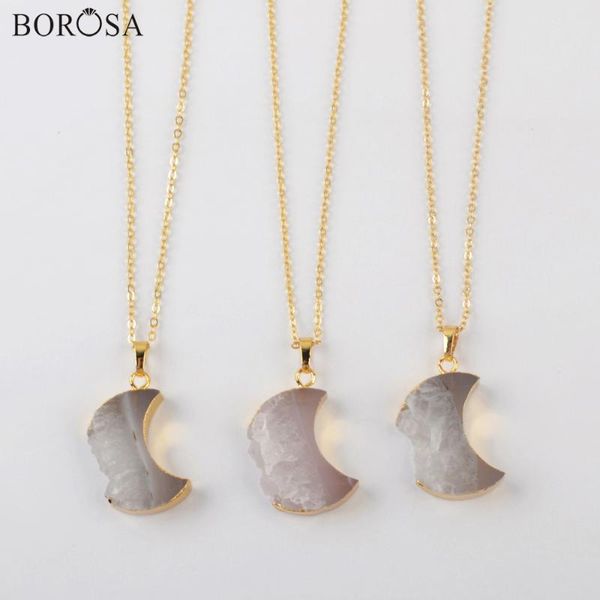 

borosa 1/5pcs 18'' crescent gold electroplated pendant necklace natural agates slice druzy necklace jewelry for women g1963-n, Silver