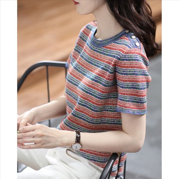 

striped short-sleeved t- shirt women's summer clothes 2020 women's tanned western style half-sleeved ice silk knitted shirt, White