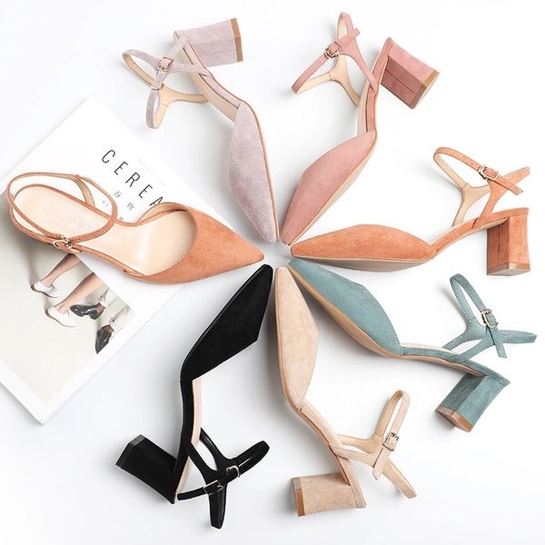 

shoes woman 2020 flock square high heels ankle straps women sandals summer elegant pointed toe office lady dress pumps new, Black