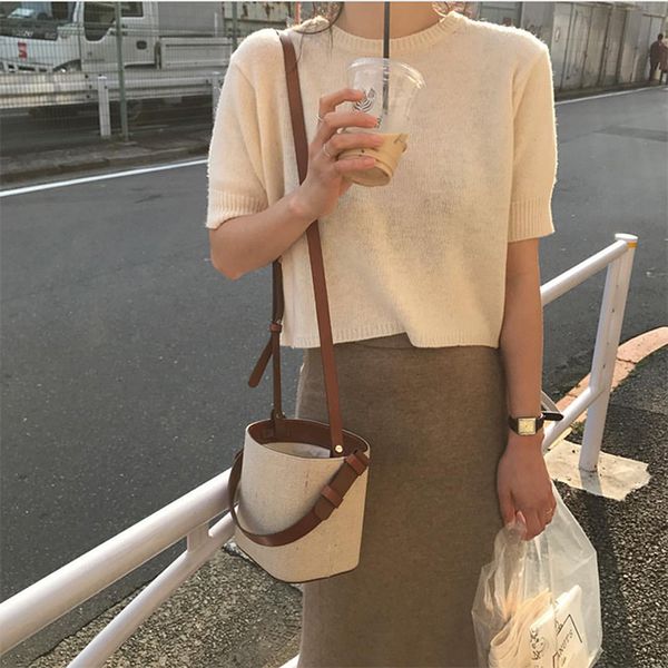 

bag women's 2020 new korean ins popular canvas bag beach bucket contrasting color one-shoulder cross-body mini