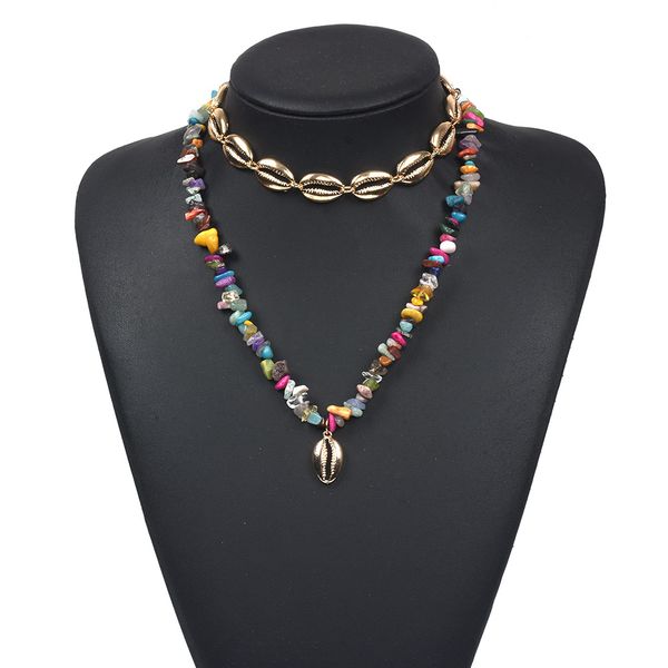 

irregular natural stone beads handmade necklace women gols alloy shell choker necklace female boho ethnic sweater chain, Golden;silver
