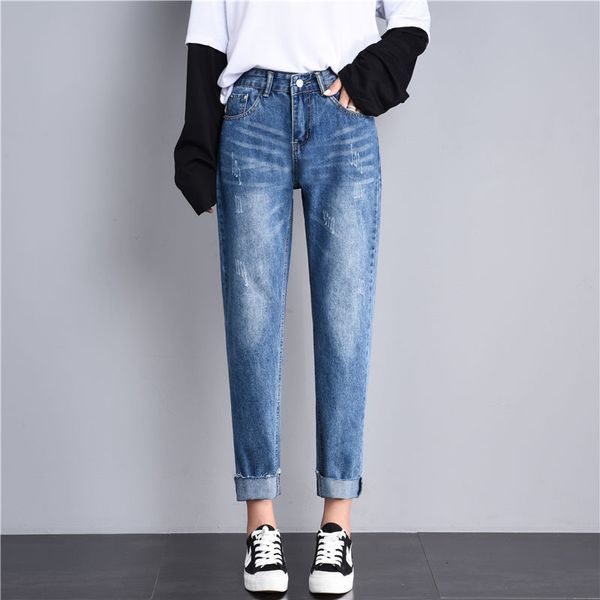 

2019 new fashion high waist jeans woman solid pockets loose mom jeans washed scratched retro long trousers casual ropa mujer, Blue