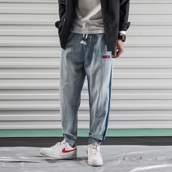 

2019 spring new youth japanese trousers trend loose sports college wind large size men's solid color hole jeans party, Blue