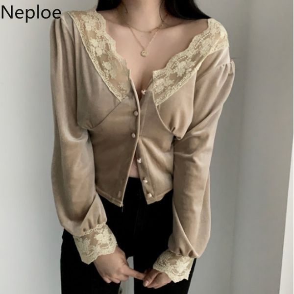 

neploe vintage lace patchwork v-neck shirt women short velour blouse 2020 spring long sleeve single breasted blusas 58696, White
