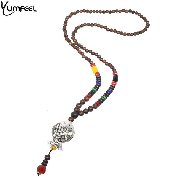 

yumfeel new vintage silver plated fish pendants necklace natural wood stone beaded long necklace gifts woman