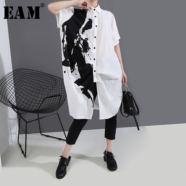 

eam] women white pattern printed big size shirt dress new lapel short sleeve loose fit fashion tide spring summer 2020 1t648, Black;gray