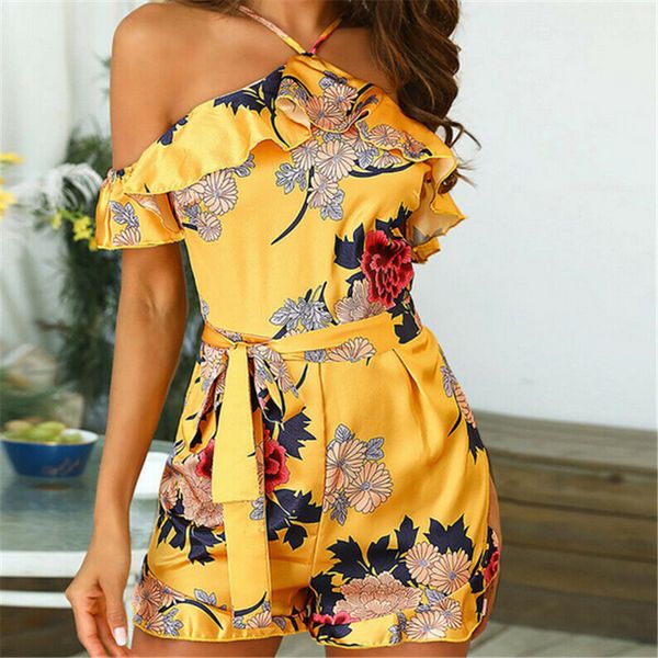 

2019 summer elegant halter floral ruffle women playsuit sleeveless black yellow jumpsuits rompers casual beach overall plus size, Black;white