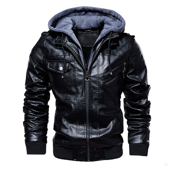 

fashion men pu leather jackets winter new men's comfortable leather jacket male casual hooded jacket coat, Black
