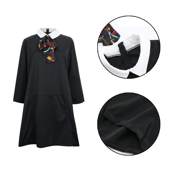 

women long sleeve turn-down collar large size knee bow casual solid fashion popular dresses black elegant loose autumn, Black;gray