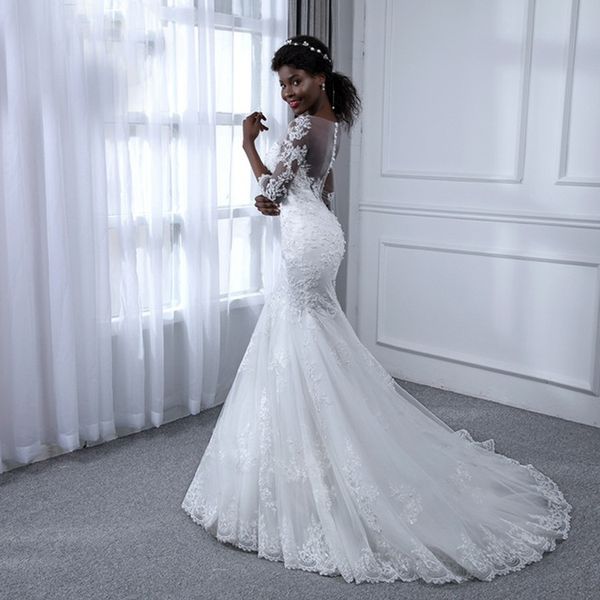 

Elegant Wedding Dresses Mermaid Bride Dresses Small Round Neck Lace Illusion Back Zipper Tail Dresses
