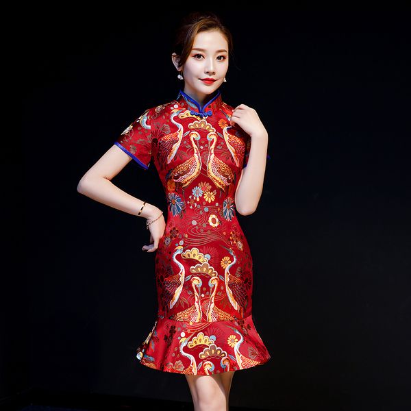 

red mermaid dress satin qipao lady formal party dress mandarin collar embroidery crans vestidos short elegant cheongsam