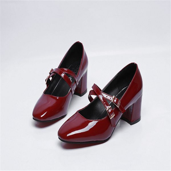 

women mary jane shoes buckle high-heeled patent leather square head thick with single shoes ladies with shallow mouth w1-18a, Black