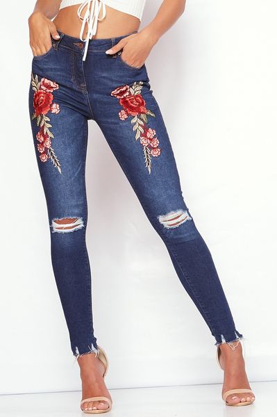 

jeans women floral embroidered denim ripped pants stretch jeans slim pencil pant trousers, Blue