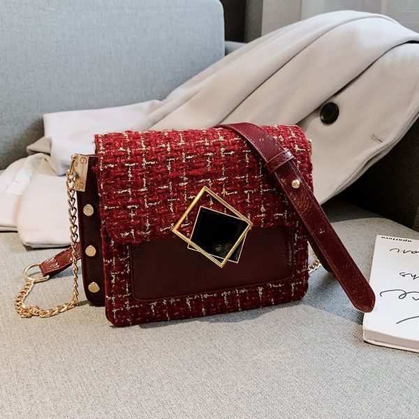 

2019 winter new square crossbody bag quality woolen contrast color women's handbag lock chain shoulder messenger bag