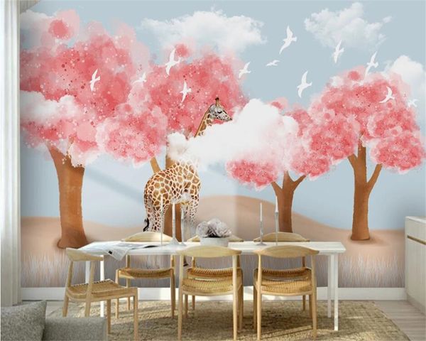 Beibehang FototapeteHandbemalte Wälder Giraffe blauer Himmel weiße Wolken Kinderzimmer Tapete TV-Hintergrund 3D-Tapete
