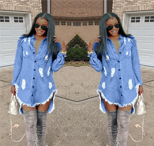 

jeans long dress turn denim collar shirt hiphop down blue jean autumn sleeve spring ripped women tassel irregular dresses ilope, Black