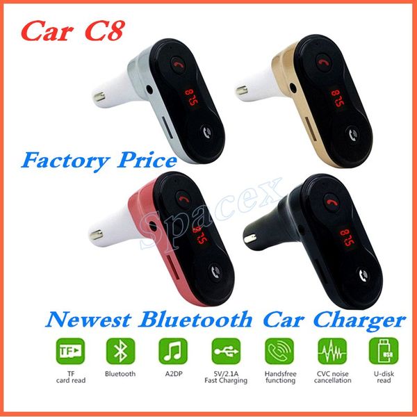 C8 Bluetooth Car Charger Acessórios de Celular FM Transmissor Kit mãos Free Radio Adaptador Suporte TF Cartão com Caixa de Varejo