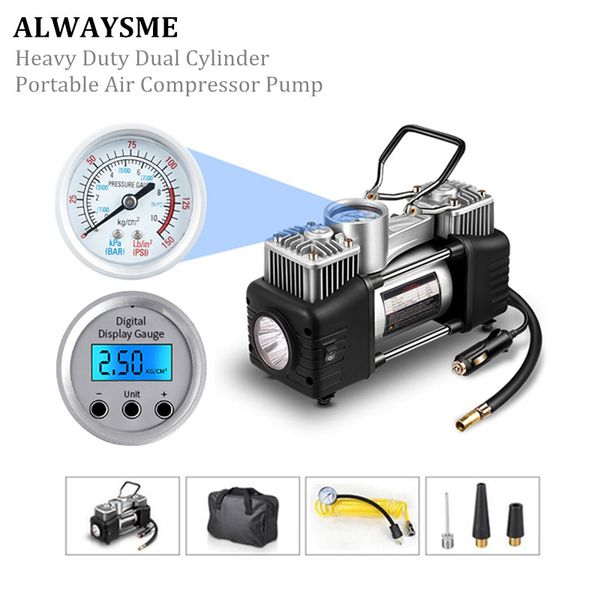 

alwaysme heavy duty dual cylinder portable air compressor pump: with light , 12v /30a 150 psi ,two motor 300w, 50l/min