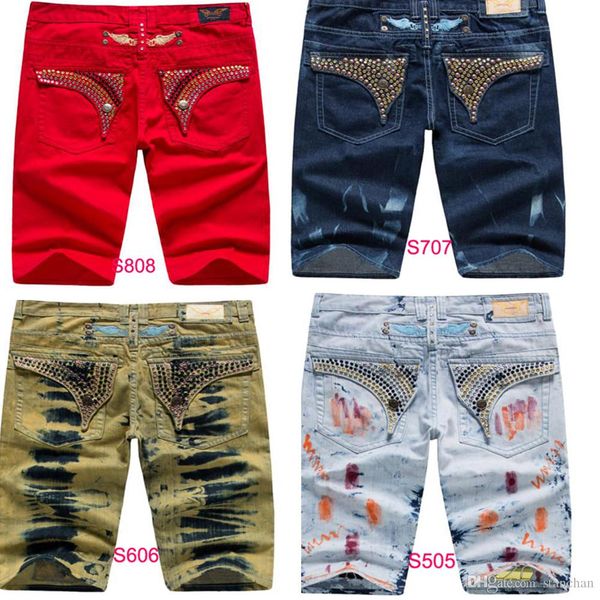 

new arrivals mens robin shorts men's designer jean cowboy denim short pant with crystal studs flap pockets cover wing clip size 32-42