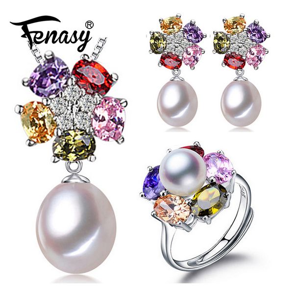 

fenasy pink crystal pearl jewelry sets flower s925 sterling silver pearl earrings ring pendants for women party anniversary gift t190626