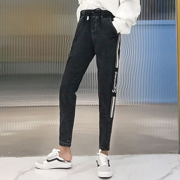 

with elastic autumn and winter harem jeans women's loose-fit contrast color joint webbing bf style capri pants fried snowflake w, Blue